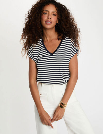 T-shirt ray&eacute; col v bleu marine femme