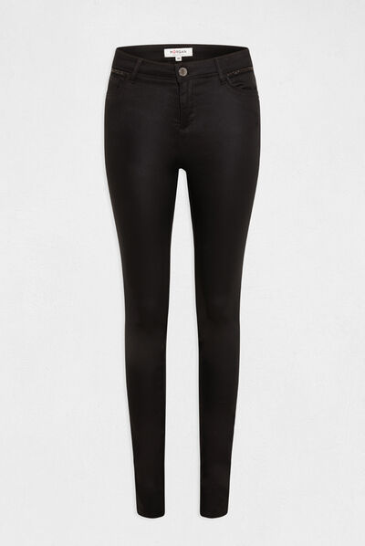 Pantalon skinny enduit à détails bijoux noir femme