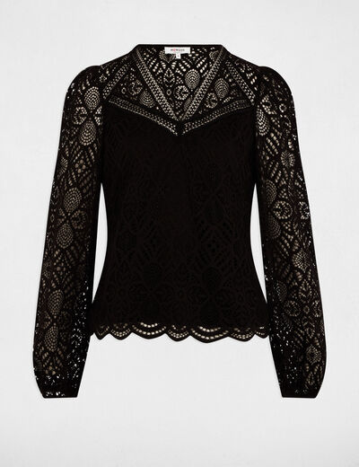 T-shirt col en V dentelle noir femme