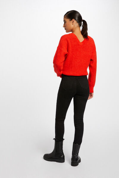 Pull manches longues à col en V orange femme