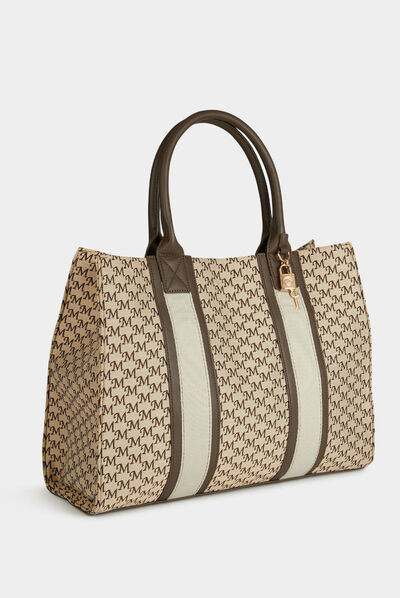 Sac cabas imprimé monogramme beige femme