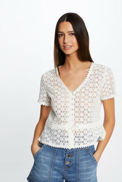 T-shirt manches courtes en dentelle ecru femme