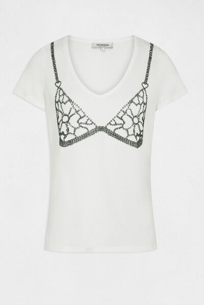 T-shirt manches courtes à paillettes ecru femme