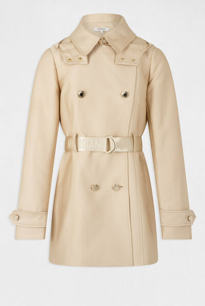 Trench droit ceinturé à capuche beige femme
