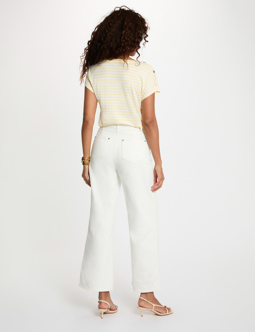 T-shirt ray&eacute; col v jaune pastel femme
