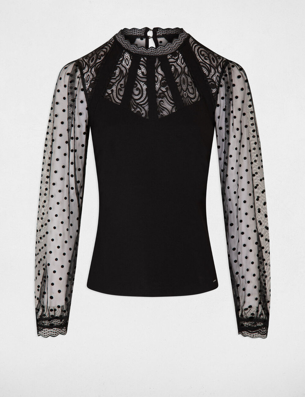 T-shirt manches longues &agrave; dentelle noir femme