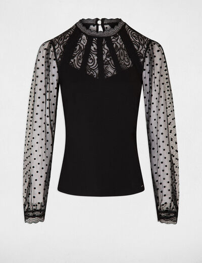 T-shirt manches longues à dentelle noir femme