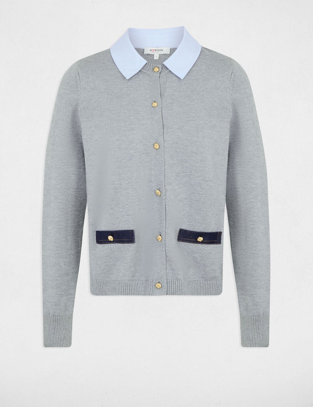 Pull col &agrave; revers gris clair femme