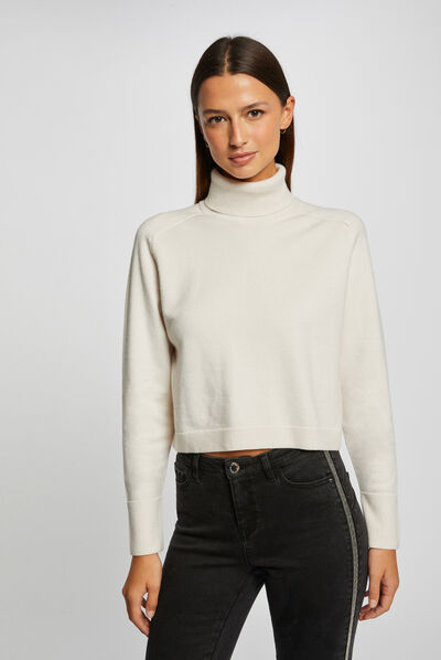 Pull manches longues à col roulé ivoire femme