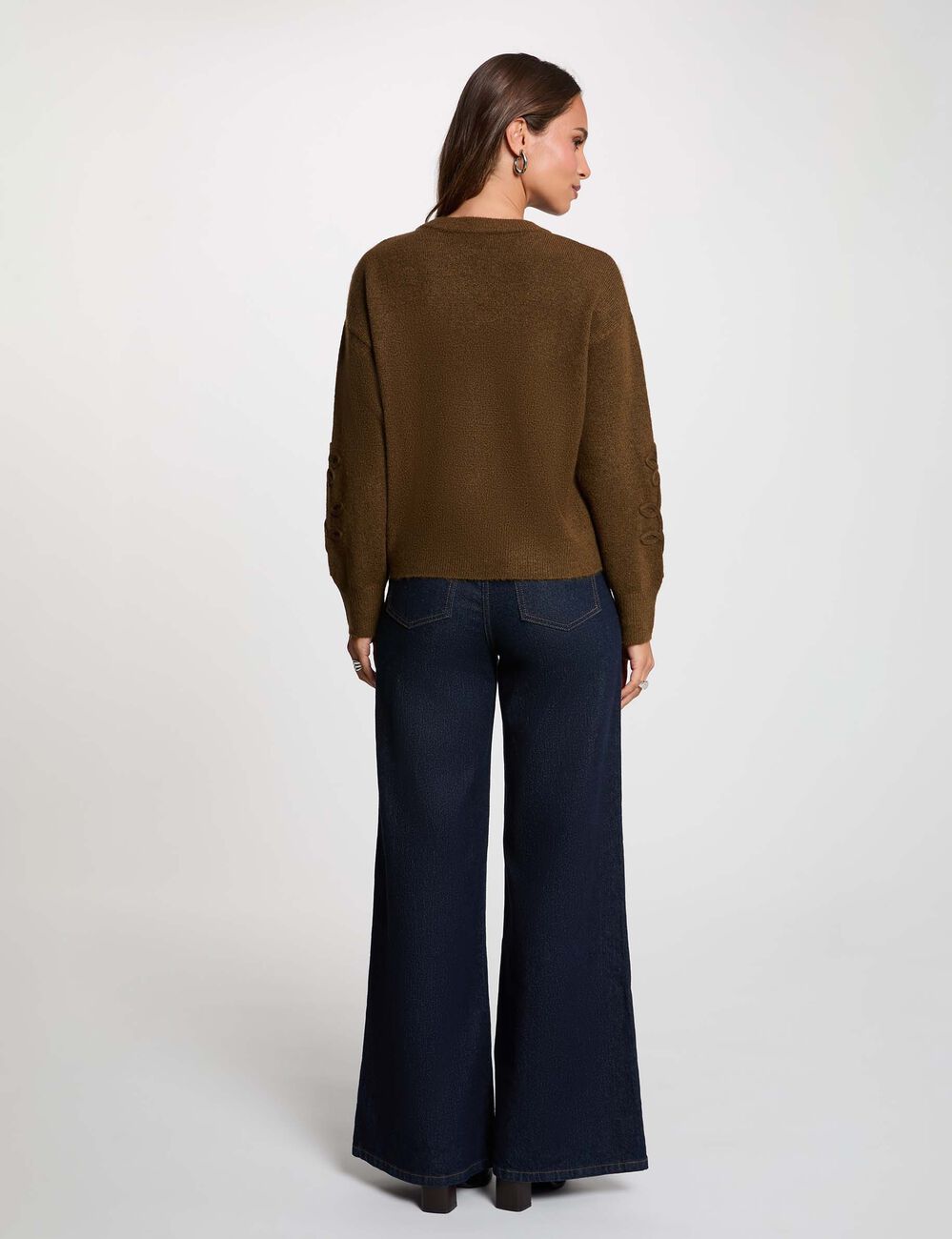 Pull col rond fantaisie vert kaki femme