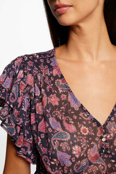 Blouse manches courtes imprimé cachemire marine femme
