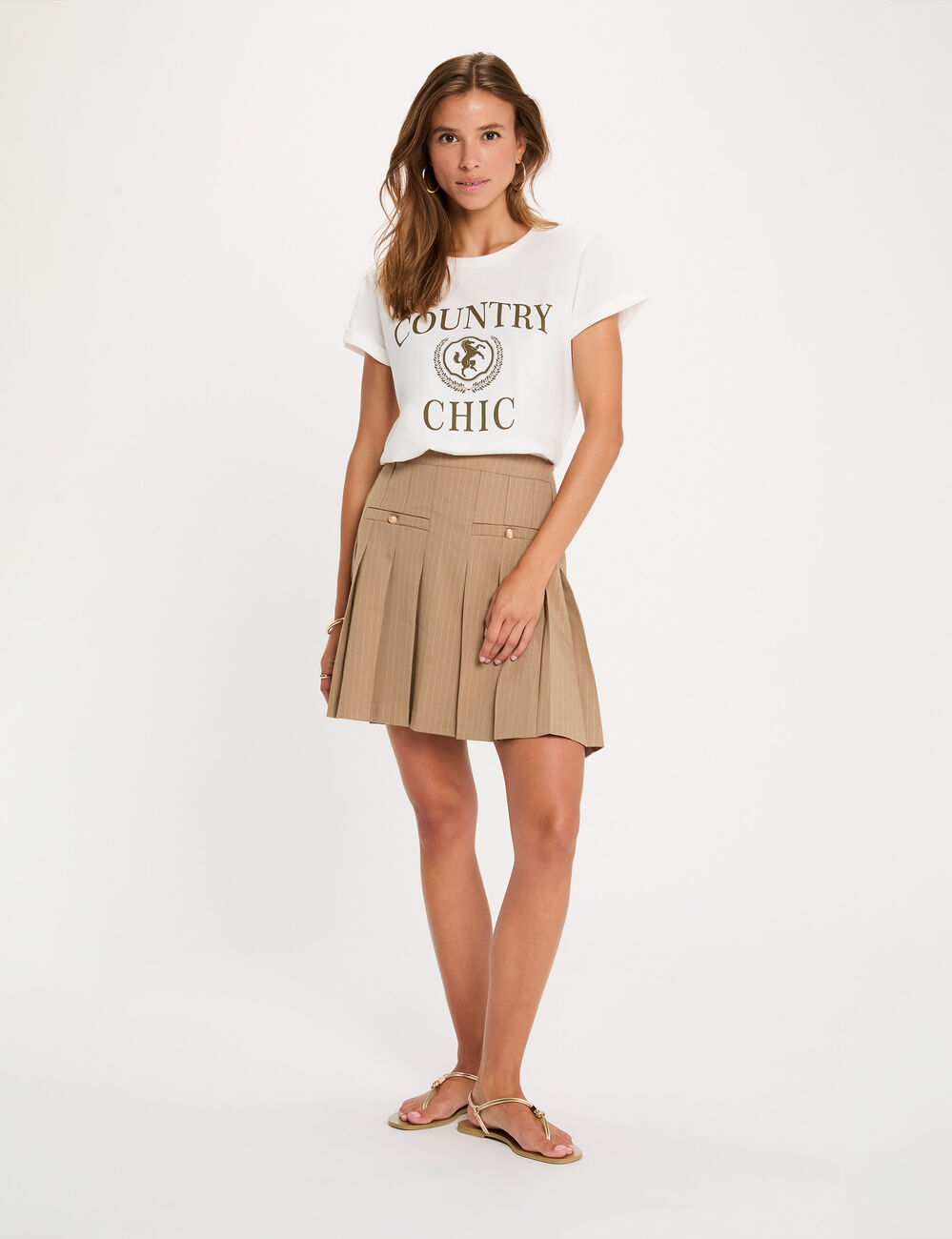 Jupe courte pliss&eacute;e taupe femme