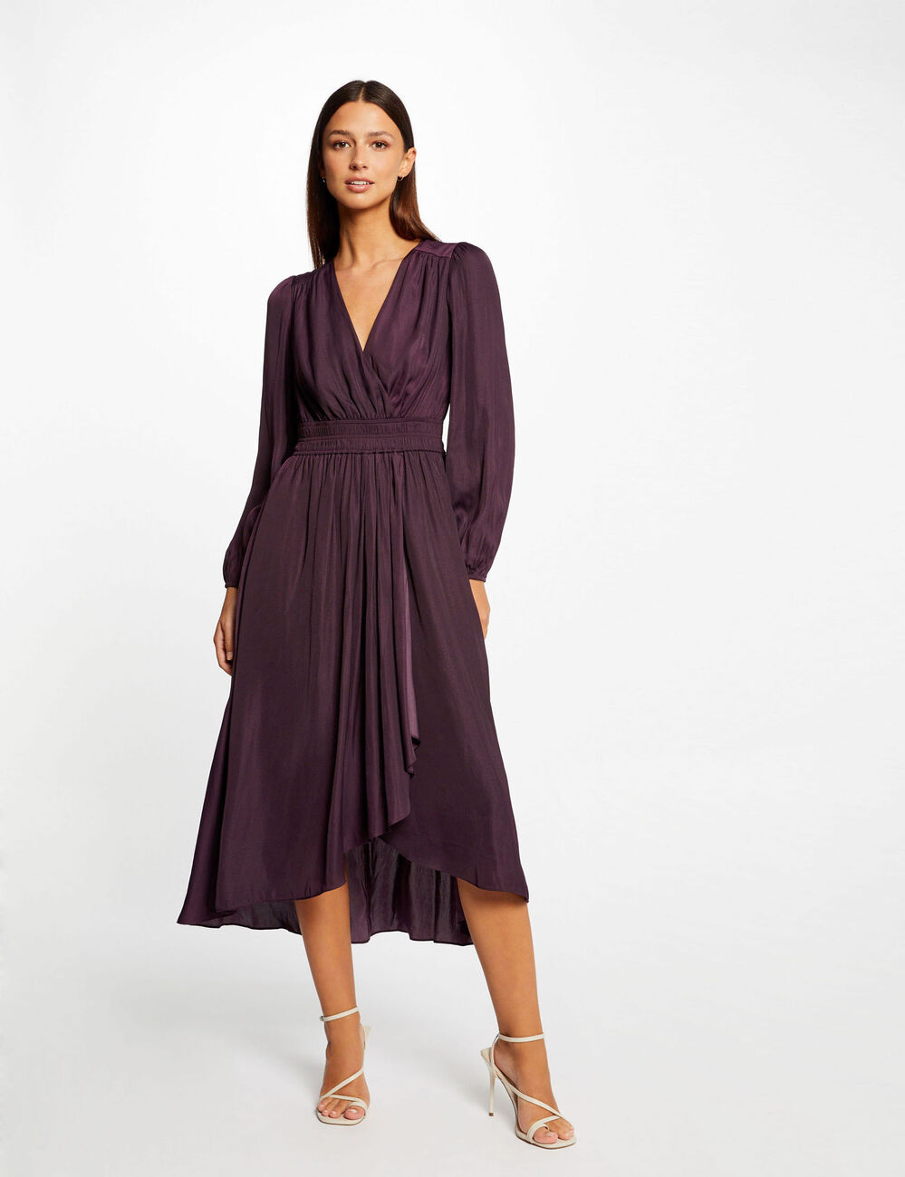 Robe midi portefeuille satin prune femme