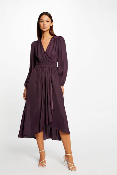 Robe midi portefeuille satin prune femme