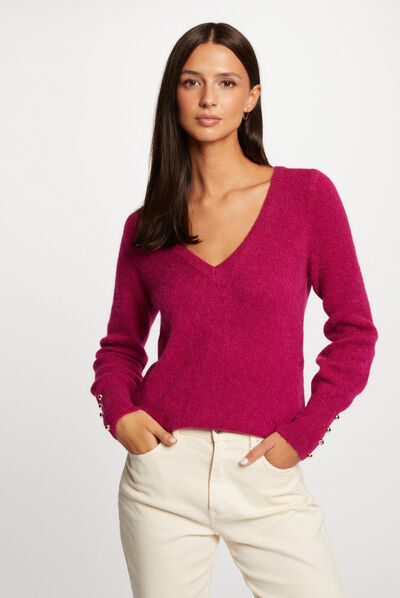 Pull manches longues col en V framboise femme