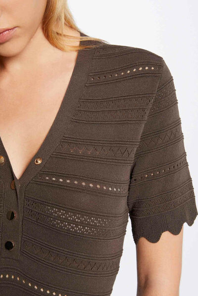 Pull manches courtes détails ajourés vert kaki femme
