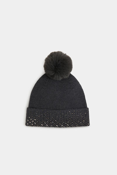 Bonnet avec strass et pompon gris moyen femme