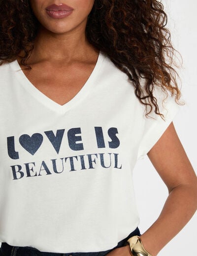 T-shirt col v manches courtes blanc femme