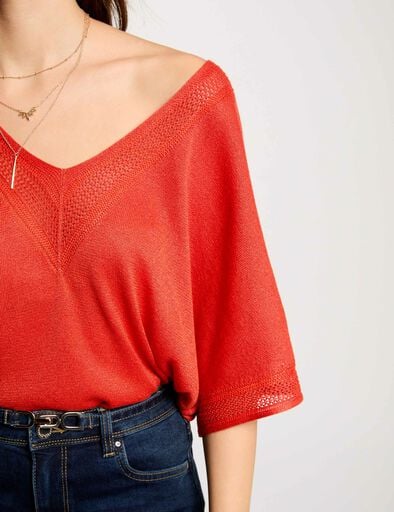 pull col en v manches courtes orange fonce femme Pull col en V manches courtes orange foncé femme
