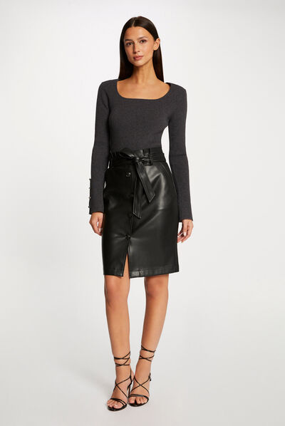 Jupe droite ceinturée simili cuir noir femme