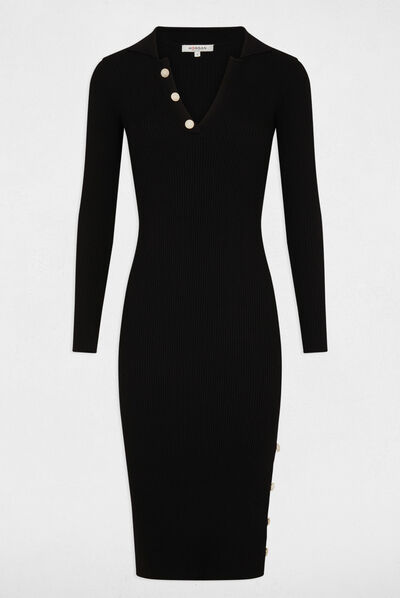 Robe pull ajustée fendue avec boutons noir femme