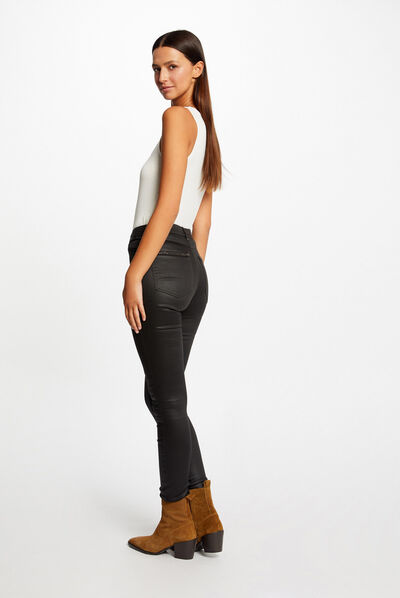 Pantalon skinny enduit à détails bijoux noir femme