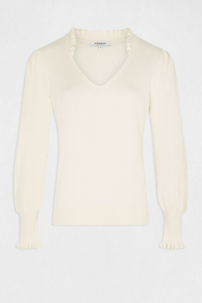 Pull manches longues avec volants ivoire femme