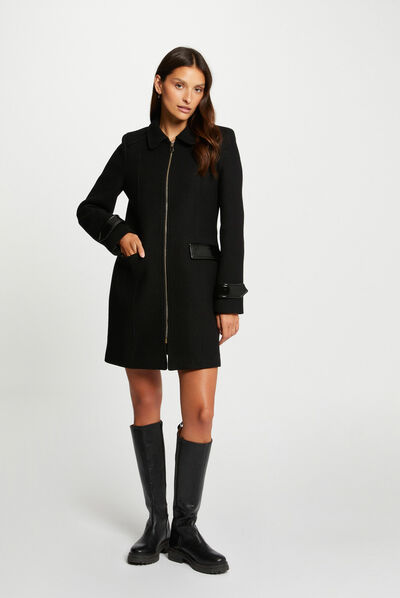 Manteau droit détails simili cuir noir femme
