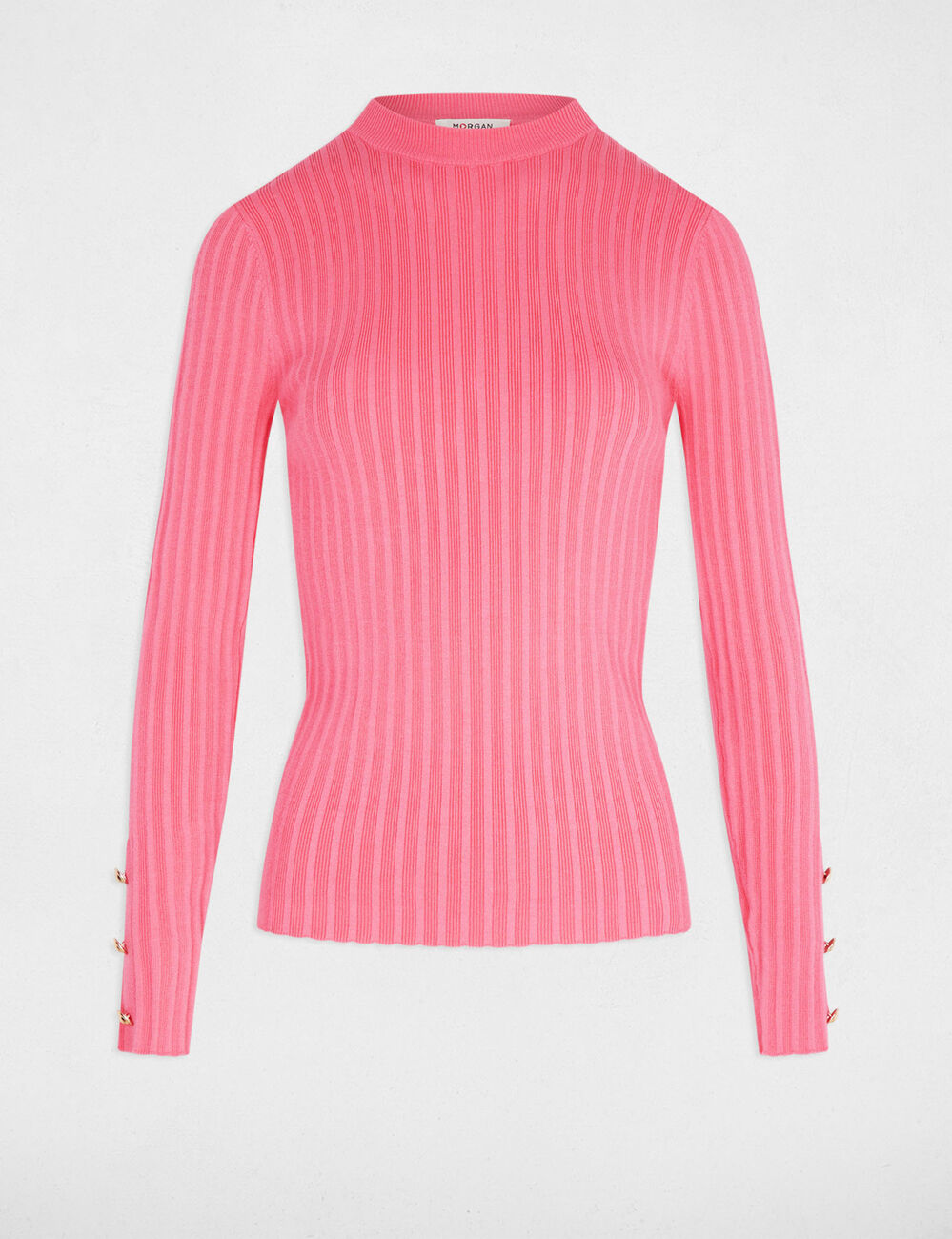 Pull ajusté col cheminée rose fushia femme