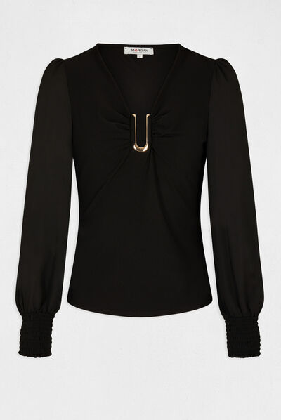 T-shirt manches longues ornement au col noir femme