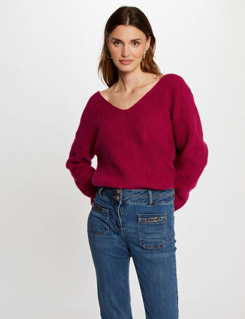 Pull col en V dos boutonn&eacute; rose fonce femme