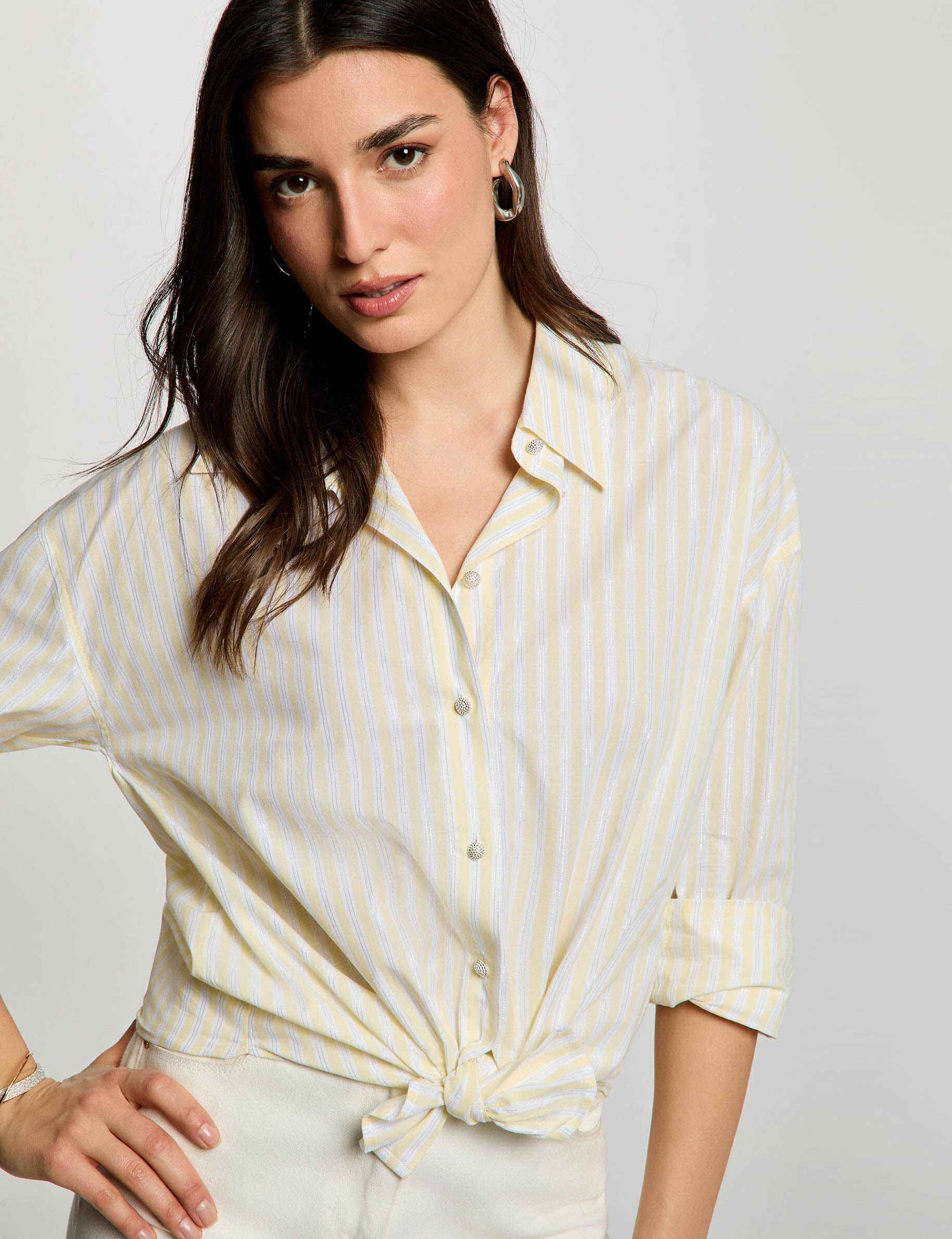 Chemise rayée col à revers jaune clair femme