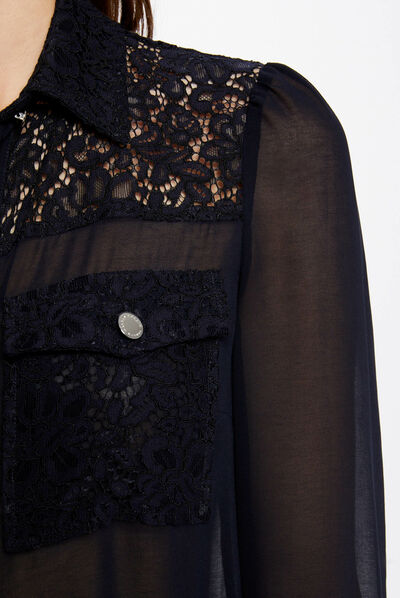 Chemise manches longues à dentelle marine femme