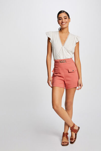 Short droit taille haute avec ornement rouille femme