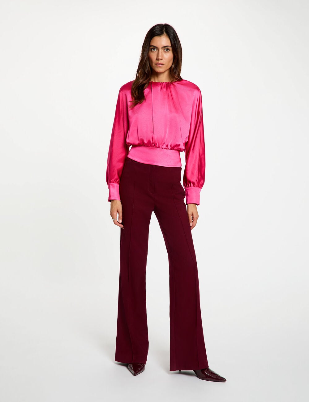 Blouse satin&eacute;e manches longues rose vif femme