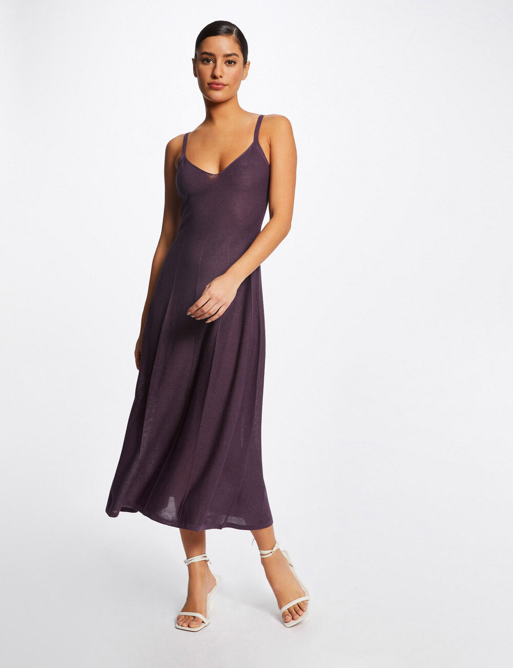 Robe pull midi &eacute;vas&eacute;e &agrave; bretelles fines prune femme
