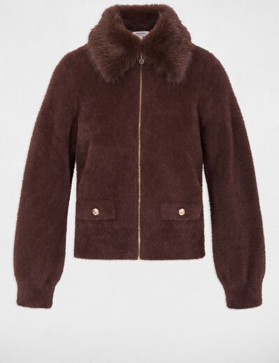 Veste avec col en fourrure marron fonc&eacute; femme