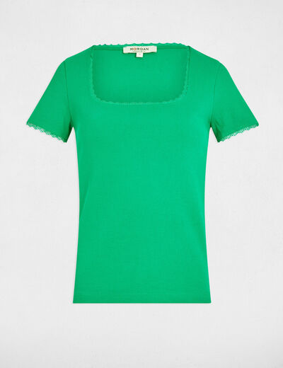 T-shirt manches courtes côtelé vert émeraude femme