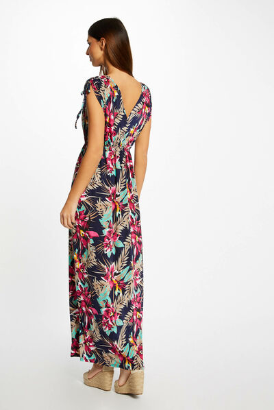 Robe longue droite imprimé floral marine femme