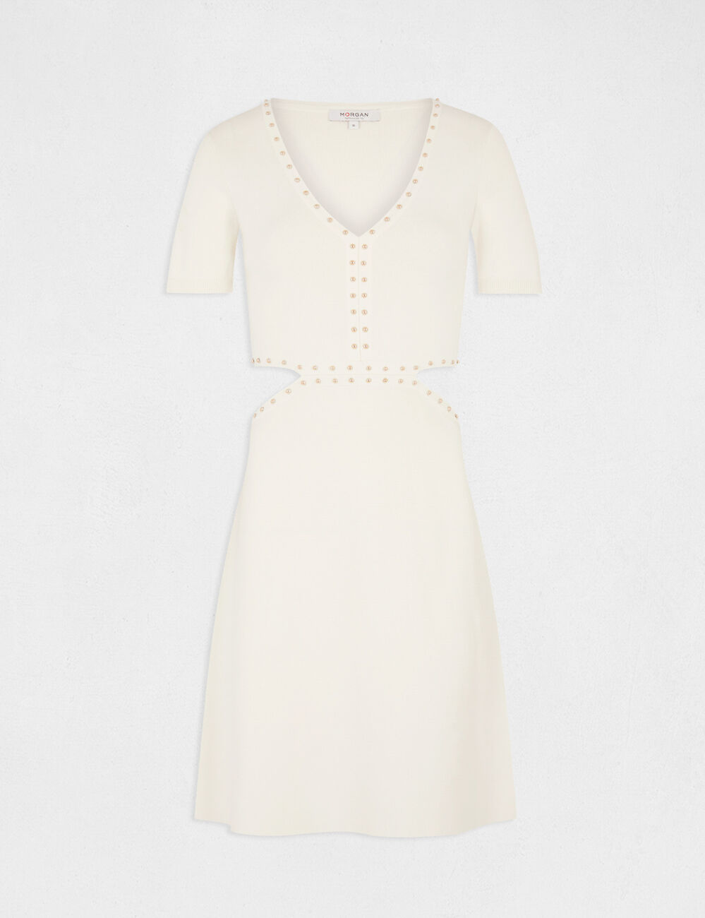 Robe pull ajust&eacute;e &agrave; clous et ouvertures ecru moyen femme