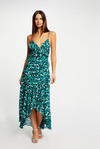 Robe longue évasée imprimé abstrait vert femme