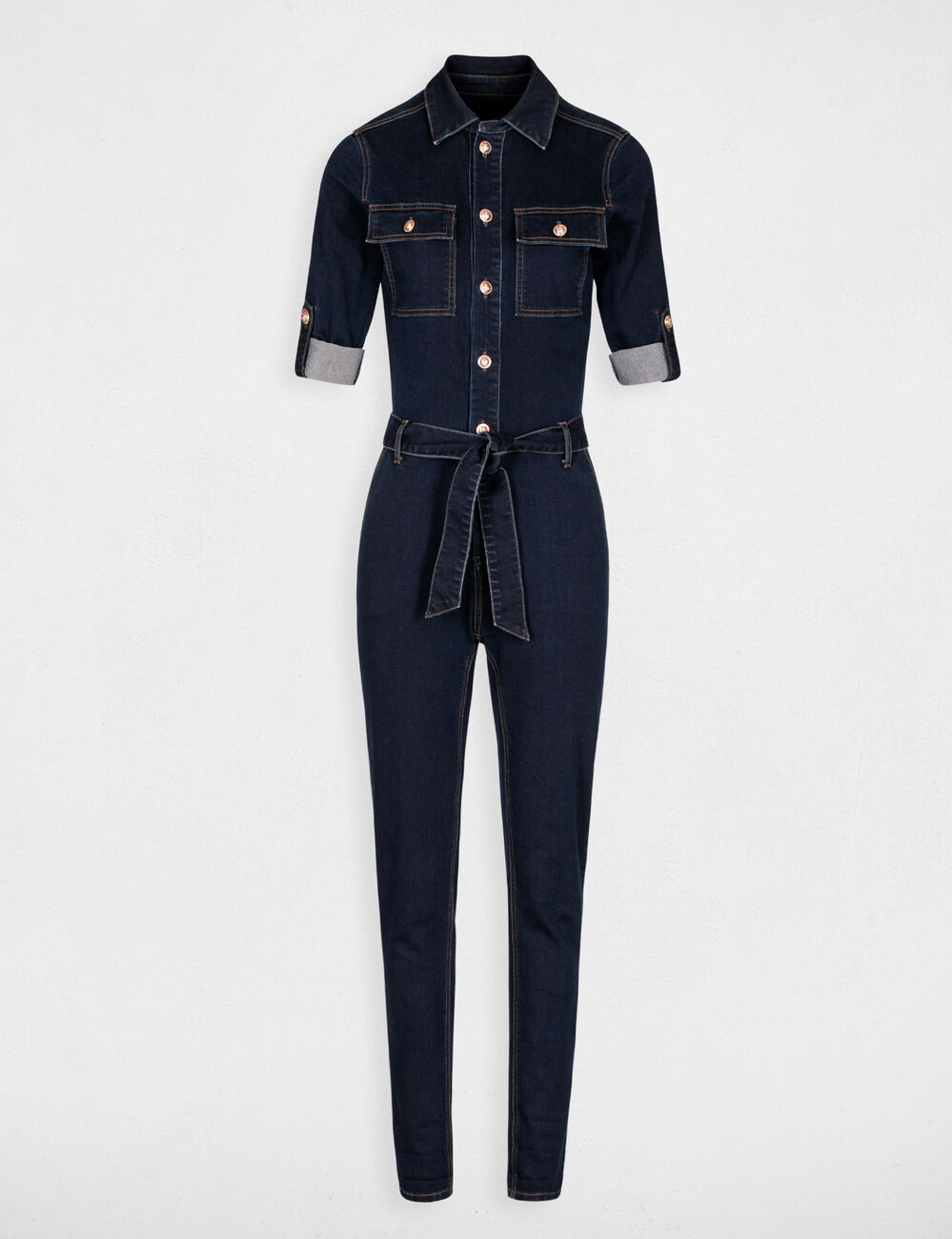 Combinaison droite ceintur&eacute;e en jean jean brut femme