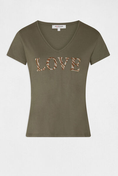 T-shirt à manches courtes vert kaki femme