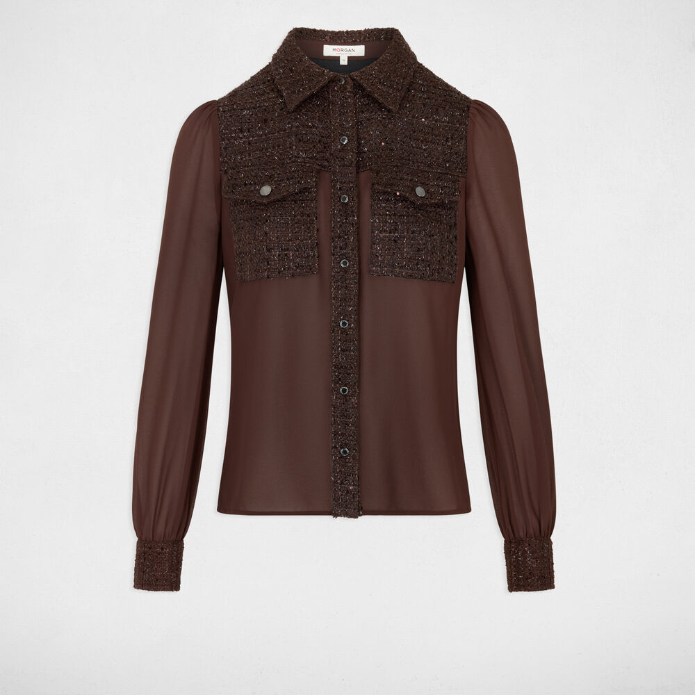 Chemise tweed col &agrave; revers marron fonc&eacute; femme