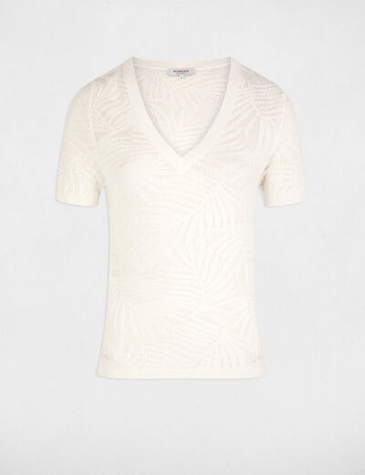 Pull manches courtes ajouré blanc femme