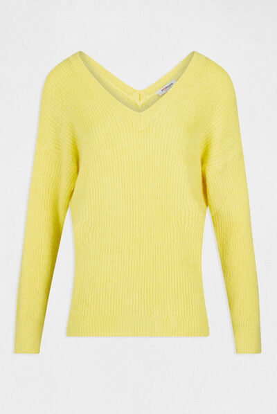 Pull manches longues à col en V jaune moyen femme