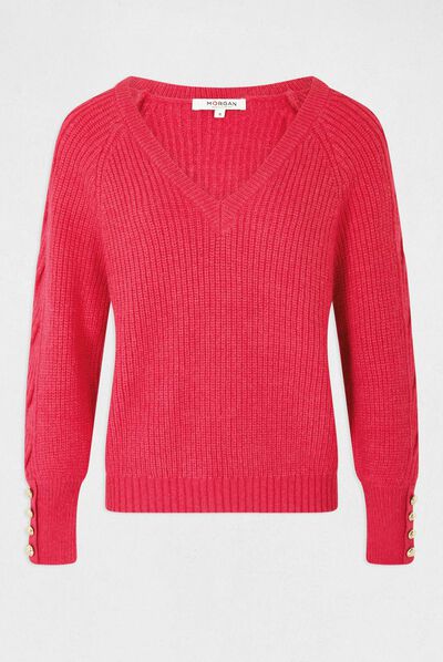 Pull manches longues col en V rose moyen femme