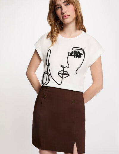 T-shirt broderie visage blanc femme