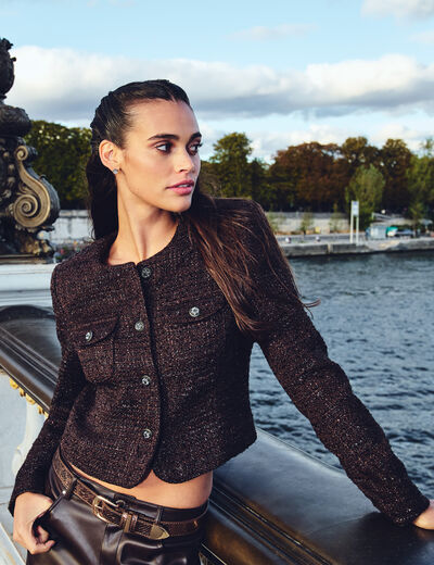Veste ajust&eacute;e col rond marron fonc&eacute; femme