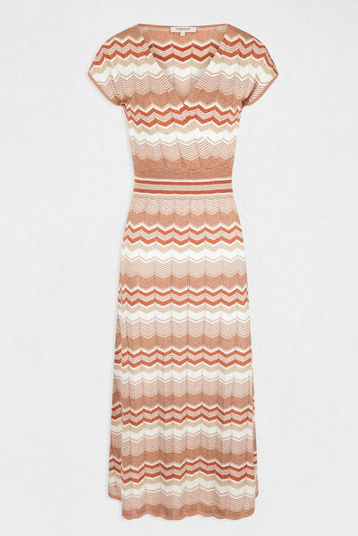 Robe pull longue droite imprimé chevron vieux rose femme
